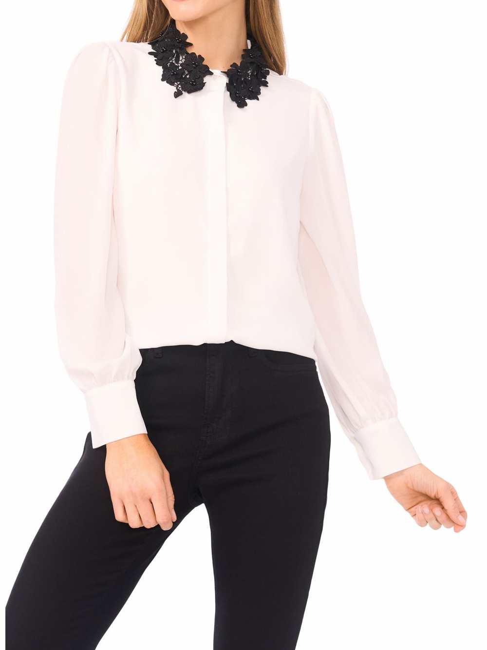 CeCe Embroidered Floral Lace Collar Georgette Button-Up Blouse XL NWOT